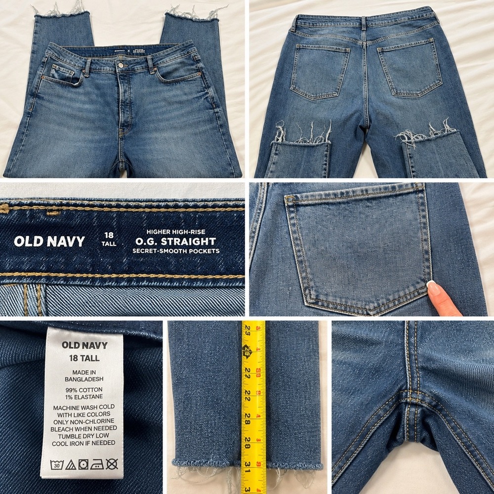 Old Navy O.G. Straight Higher High-Rise Raw Hem Jeans 18 Tall Blue Medium Wash